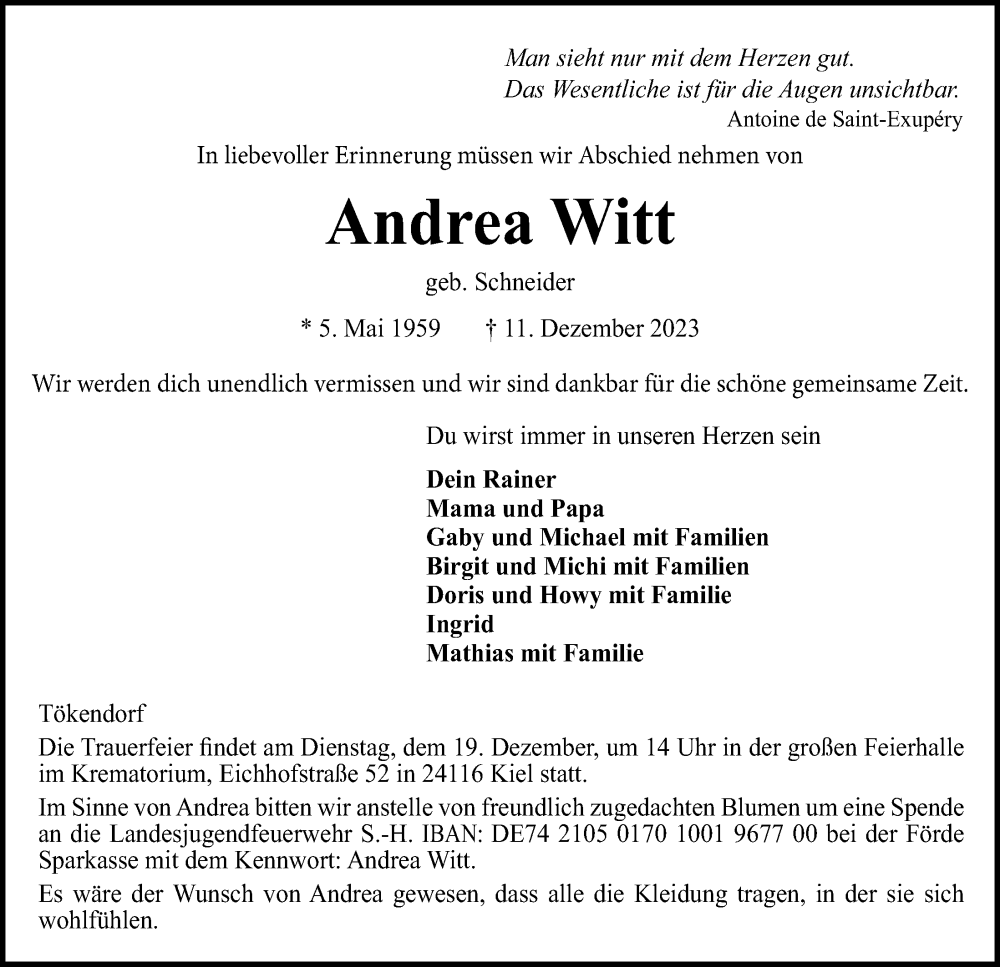  Traueranzeige für Andrea Witt vom 16.12.2023 aus Kieler Nachrichten