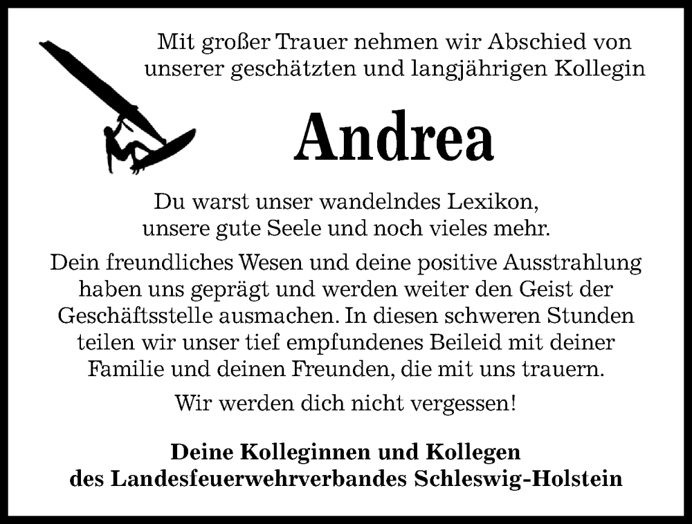  Traueranzeige für Andrea Witt vom 16.12.2023 aus Kieler Nachrichten