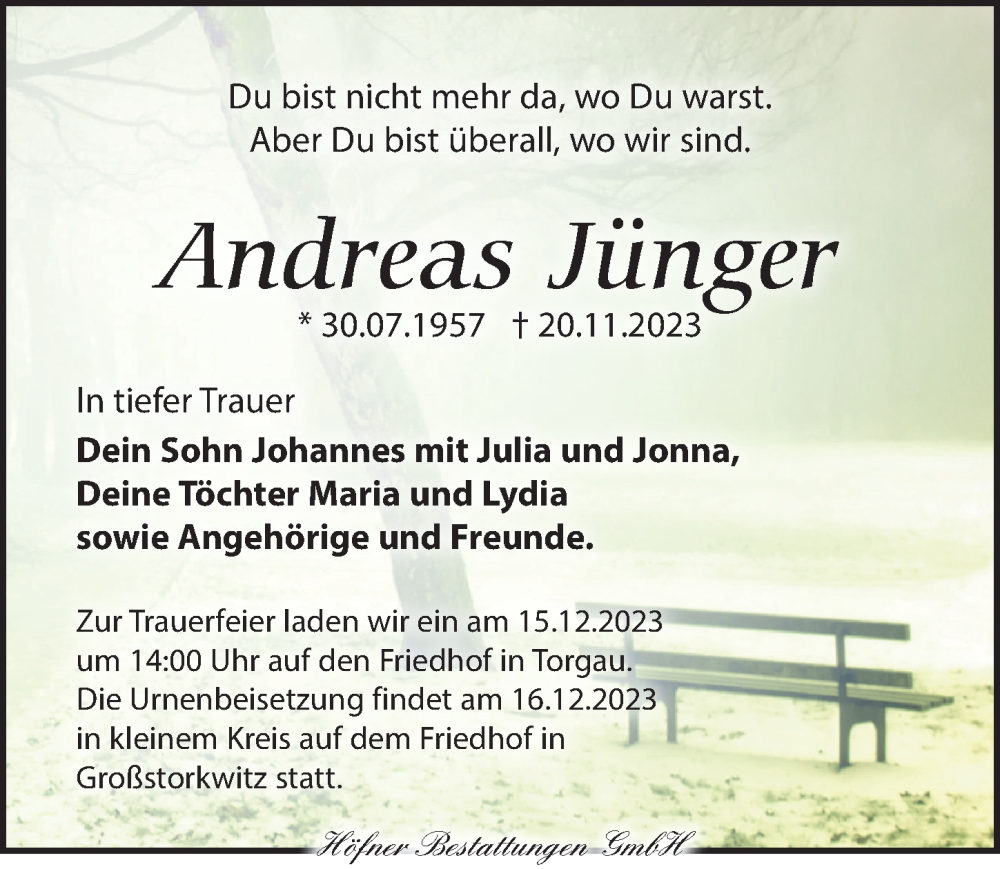  Traueranzeige für Andreas Jünger vom 02.12.2023 aus Torgauer Zeitung