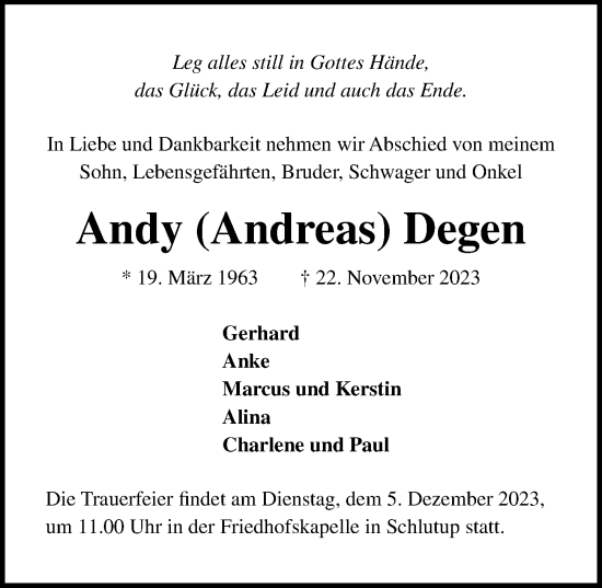 Traueranzeige von Andy Degen von Lübecker Nachrichten