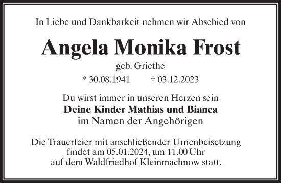Traueranzeige von Angela Monika Frost von Märkischen Allgemeine Zeitung