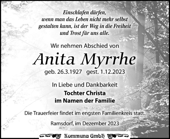 Traueranzeige von Anita Myrrhe von Leipziger Volkszeitung