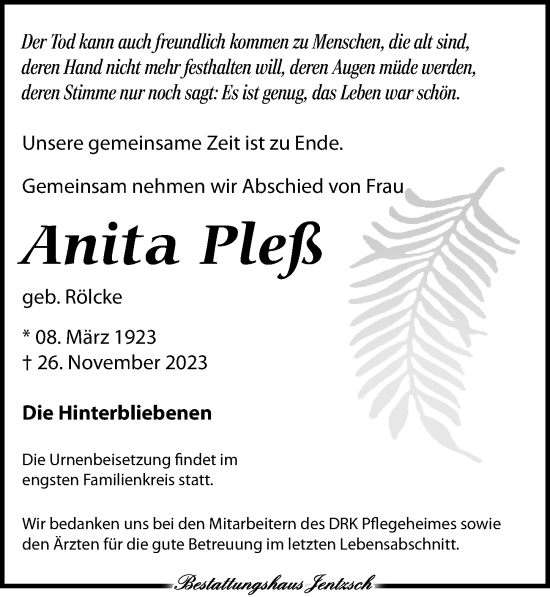 Traueranzeige von Anita Pleß von Leipziger Volkszeitung