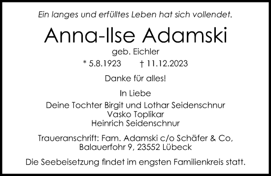 Traueranzeige von Anna-Ilse Adamski von Lübecker Nachrichten