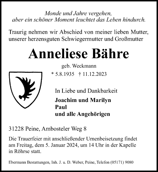 Traueranzeige von Anneliese Bähre von Peiner Allgemeine Zeitung