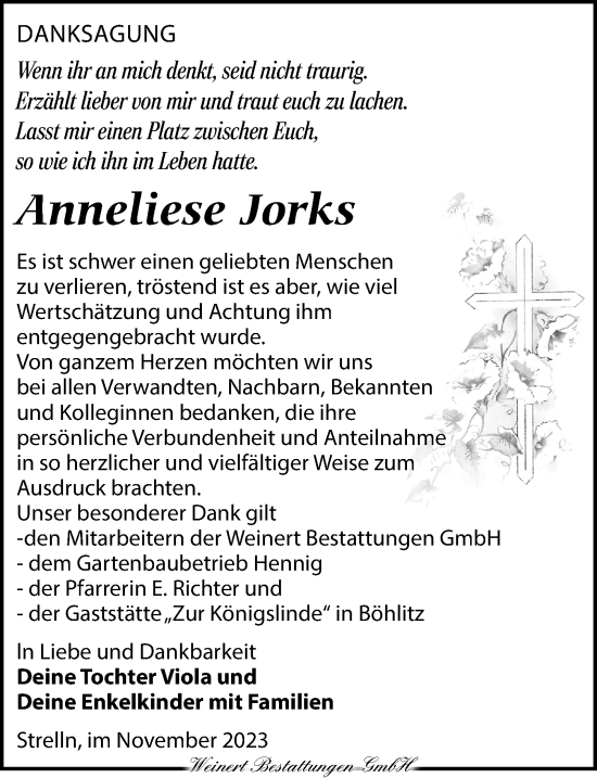 Traueranzeige von Anneliese Jorks von Torgauer Zeitung