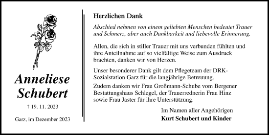 Traueranzeige von Anneliese Schubert von Ostsee-Zeitung GmbH