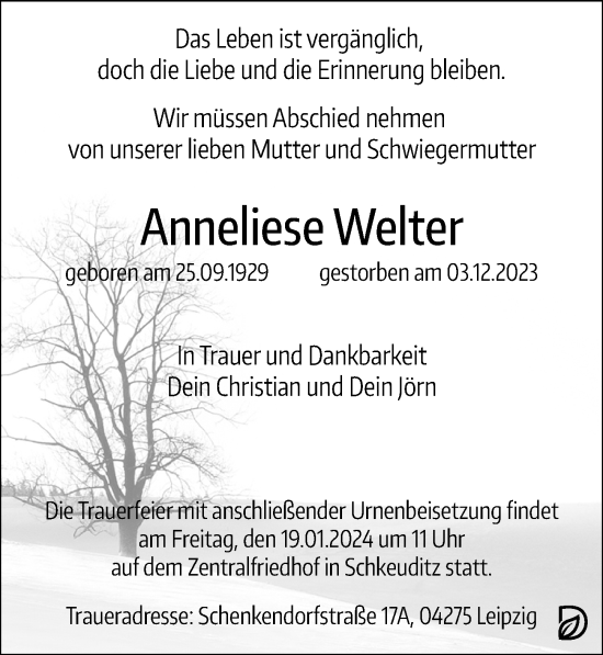 Traueranzeige von Anneliese Welter von Leipziger Volkszeitung