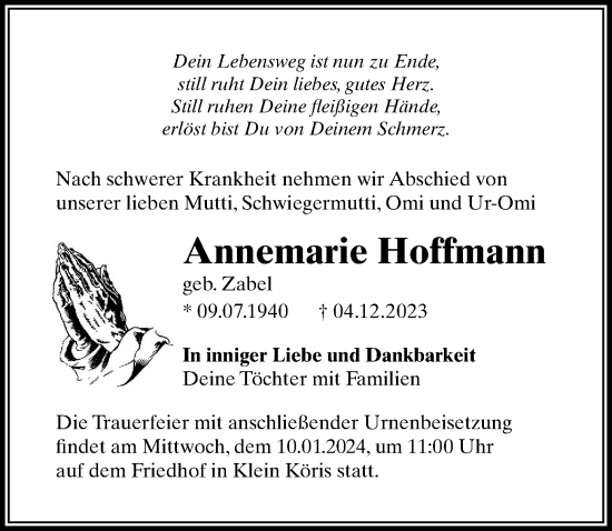 Traueranzeige von Annemarie Hoffmann von Märkischen Allgemeine Zeitung