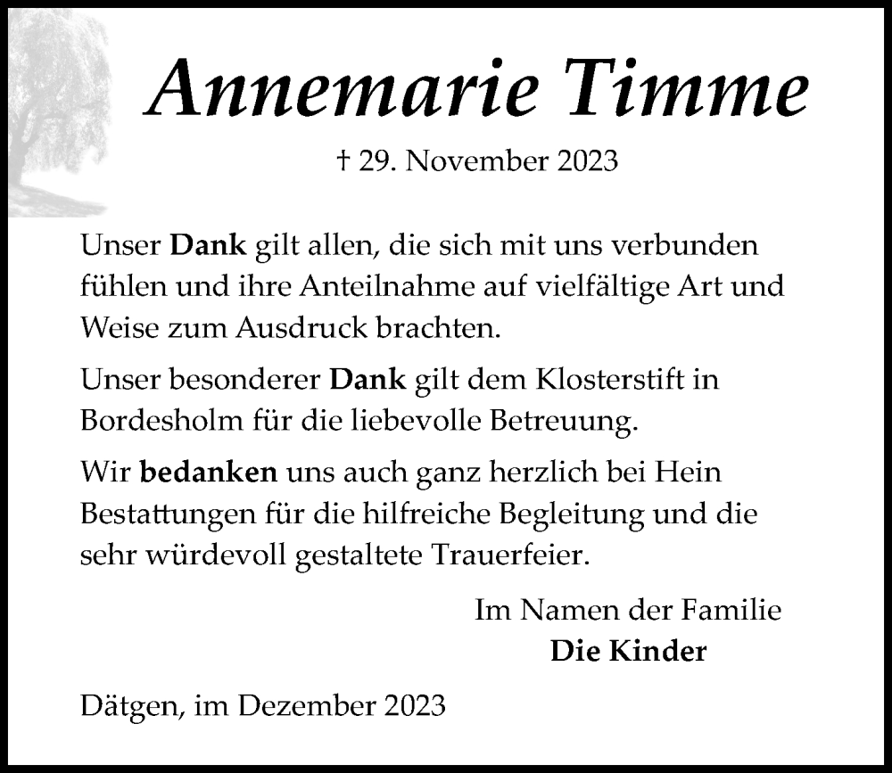  Traueranzeige für Annemarie Timme vom 16.12.2023 aus Kieler Nachrichten