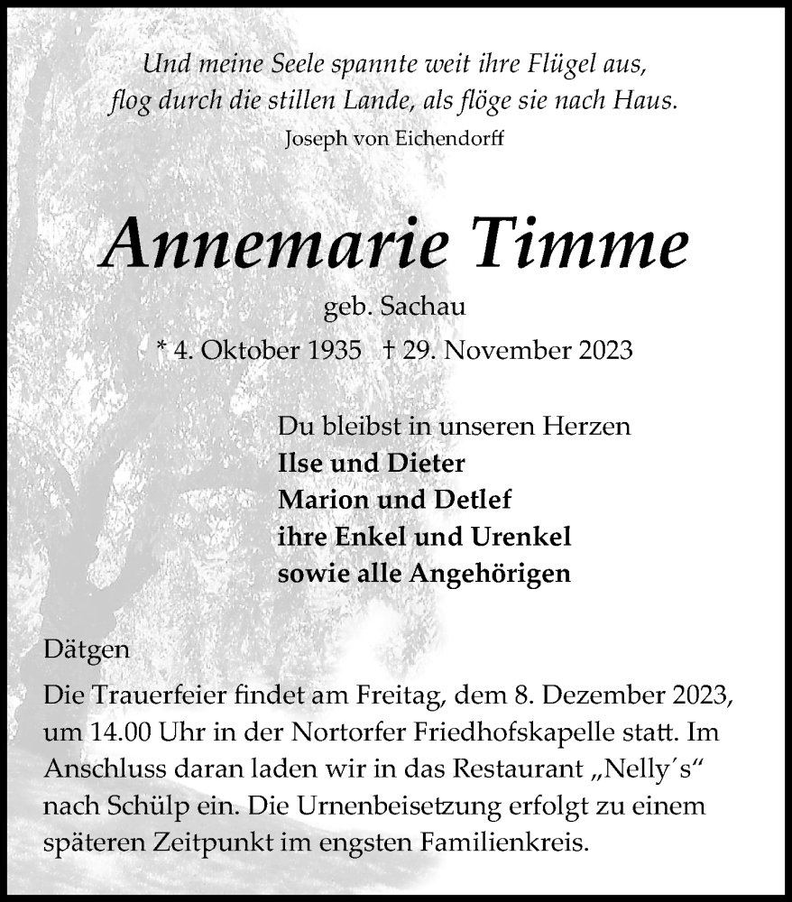  Traueranzeige für Annemarie Timme vom 02.12.2023 aus Kieler Nachrichten