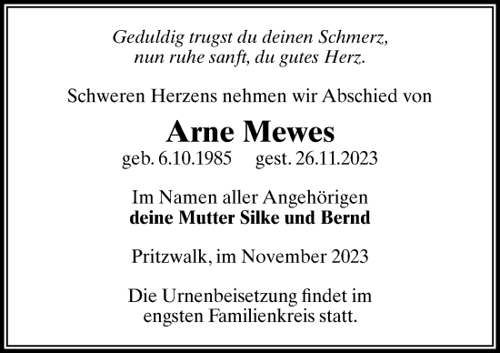 Traueranzeige von Arne Mewes von Wochenspiegel