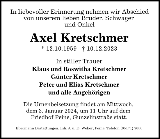Traueranzeige von Axel Kretschmer von Peiner Allgemeine Zeitung
