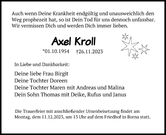 Traueranzeige von Axel Kroll von Leipziger Volkszeitung