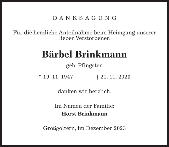 Traueranzeige von Bärbel Brinkmann von Hannoversche Allgemeine Zeitung/Neue Presse