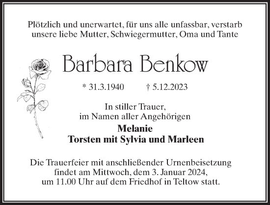 Traueranzeige von Barbara Benkow von Märkischen Allgemeine Zeitung