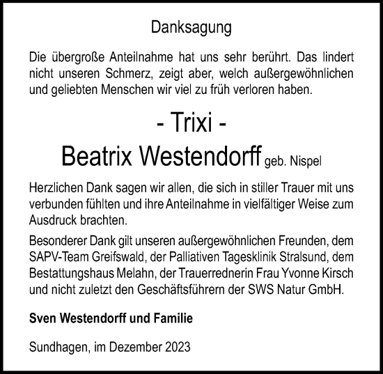 Traueranzeige von Beatrix Westendorff