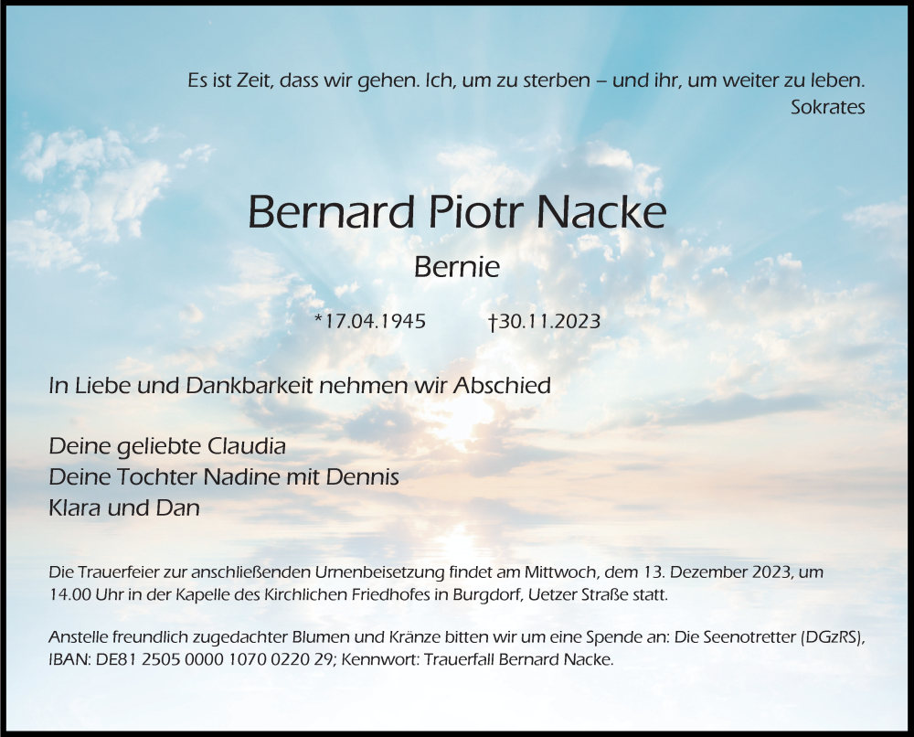  Traueranzeige für Bernard Piotr Nacke vom 09.12.2023 aus Hannoversche Allgemeine Zeitung/Neue Presse