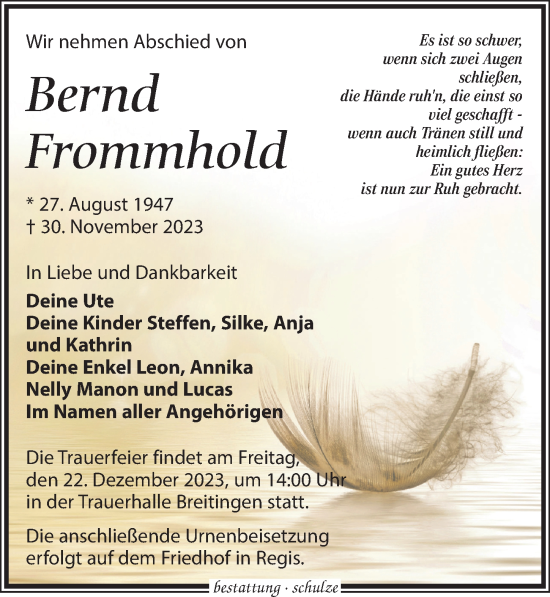 Traueranzeige von Bernd Frommhold von Leipziger Volkszeitung