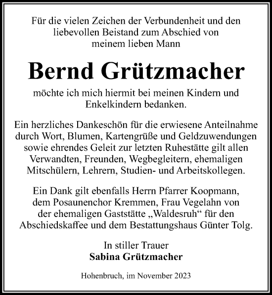 Traueranzeige von Bernd Grützmacher von Märkischen Allgemeine Zeitung