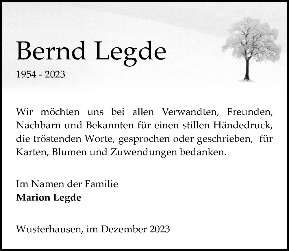  Traueranzeige für Bernd Legde vom 16.12.2023 aus Wochenspiegel