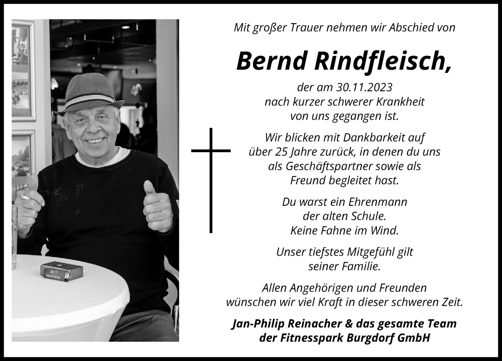  Traueranzeige für Bernd Rindfleisch vom 09.12.2023 aus Hannoversche Allgemeine Zeitung/Neue Presse