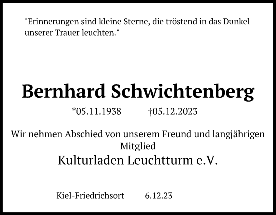 Traueranzeige von Bernhard Schwichtenberg von Kieler Nachrichten