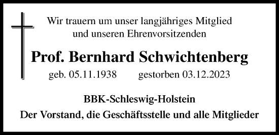 Traueranzeige von Bernhard Schwichtenberg von Kieler Nachrichten