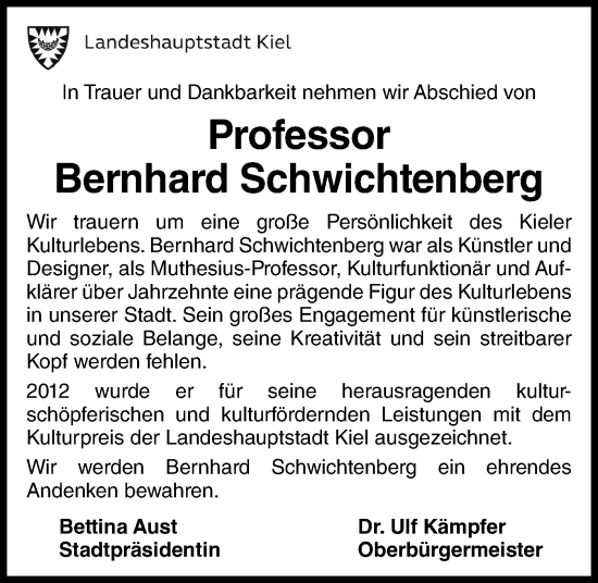 Traueranzeige von Bernhard Schwichtenberg von Kieler Nachrichten