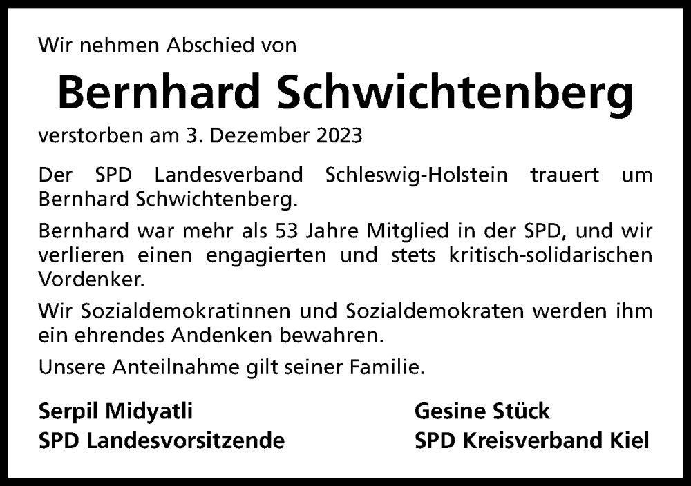  Traueranzeige für Bernhard Schwichtenberg vom 09.12.2023 aus Kieler Nachrichten