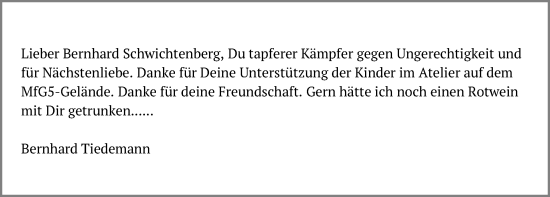 Traueranzeige von Bernhard Schwichtenberg von Kieler Nachrichten