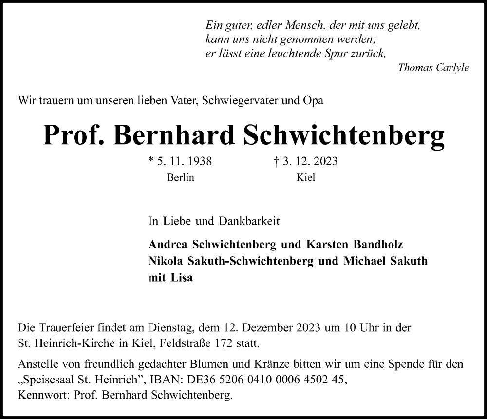  Traueranzeige für Bernhard Schwichtenberg vom 09.12.2023 aus Kieler Nachrichten