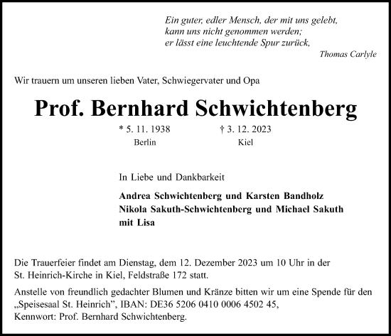 Traueranzeige von Bernhard Schwichtenberg von Kieler Nachrichten