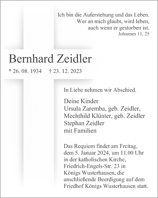 Traueranzeige von Bernhard Zeidler von Märkischen Allgemeine Zeitung