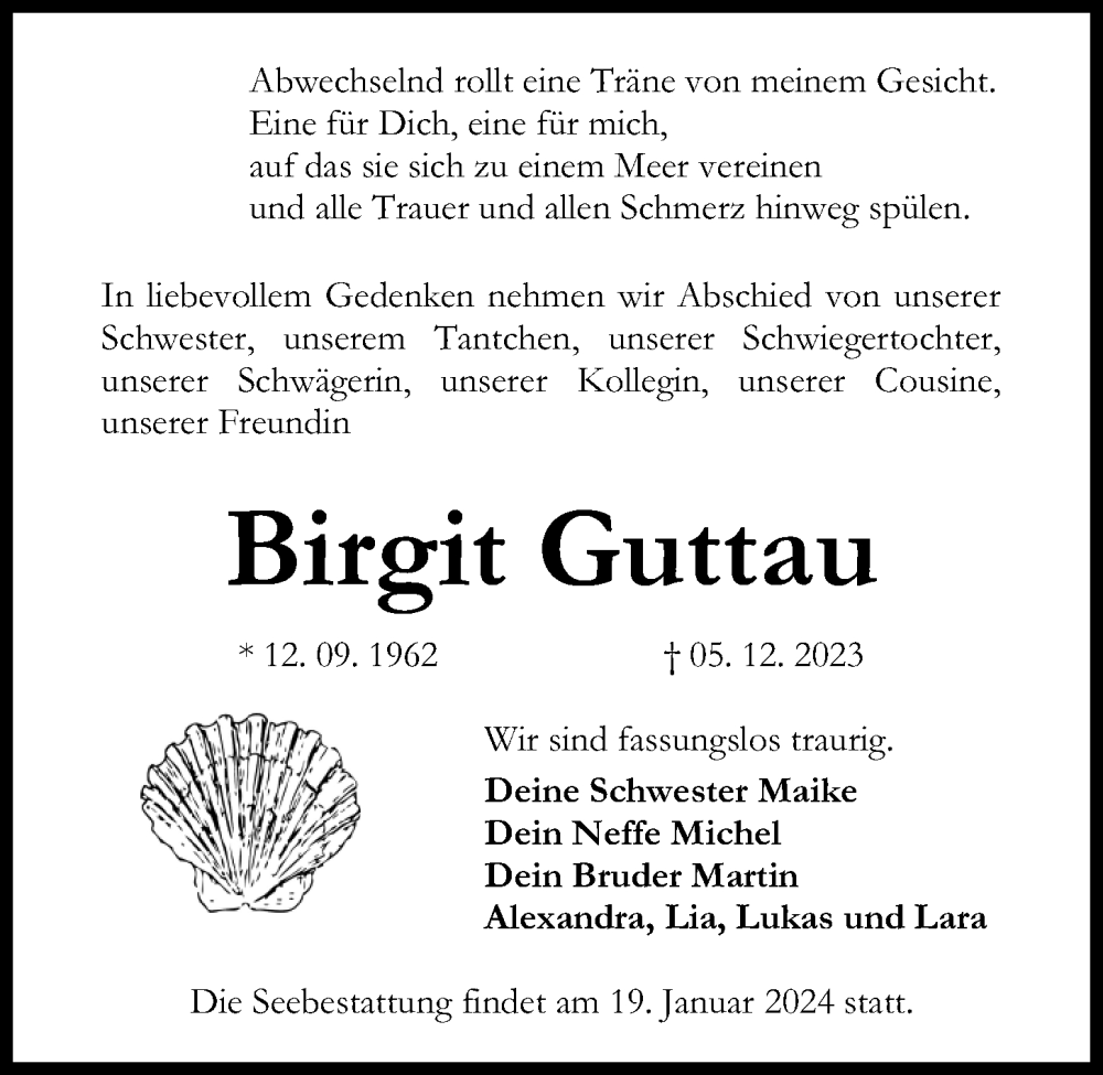  Traueranzeige für Birgit Guttau vom 16.12.2023 aus Kieler Nachrichten