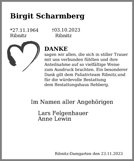Traueranzeige von Birgit Scharmberg von Ostsee-Zeitung GmbH