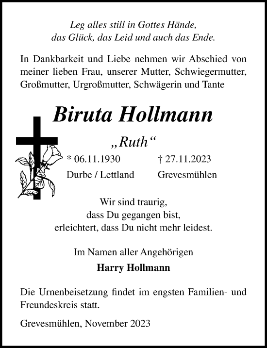 Traueranzeige von Biruta Hollmann von Ostsee-Zeitung GmbH
