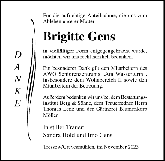 Traueranzeige von Brigitte Gens von Ostsee-Zeitung GmbH