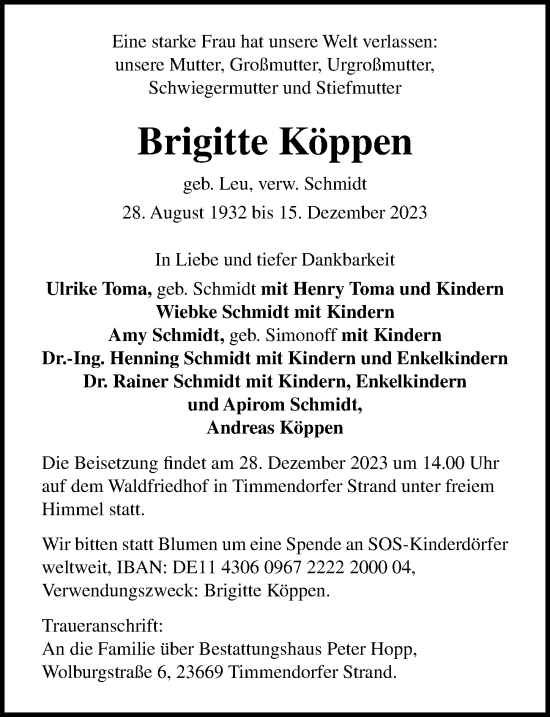 Traueranzeige von Brigitte Köppen von Lübecker Nachrichten