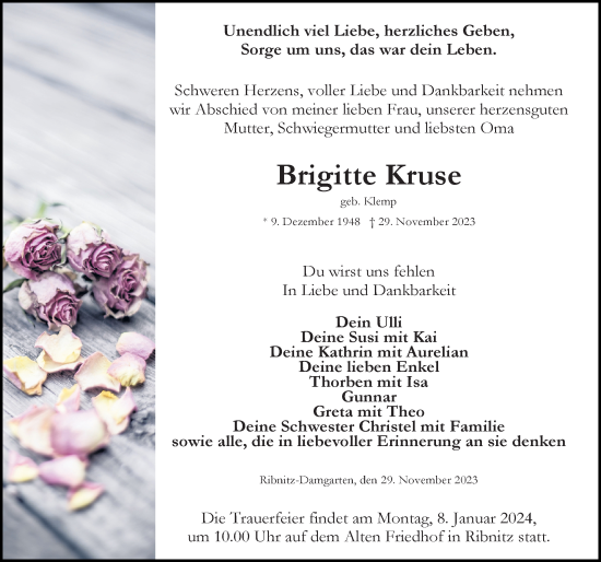 Traueranzeige von Brigitte Kruse von Ostsee-Zeitung GmbH