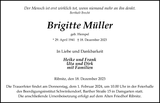 Traueranzeige von Brigitte Müller von Ostsee-Zeitung GmbH