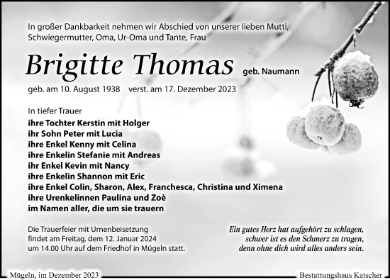 Traueranzeige von Brigitte Thomas von Leipziger Volkszeitung