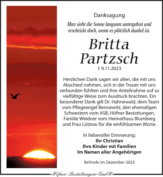 Traueranzeige von Britta Partzsch von Torgauer Zeitung