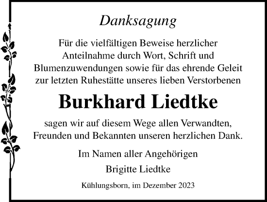 Traueranzeige von Burkhard Liedtke von Ostsee-Zeitung GmbH