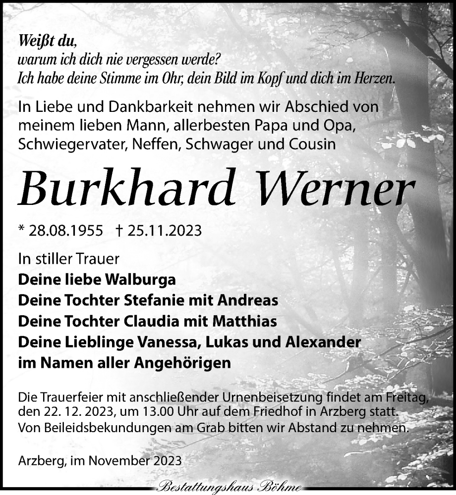  Traueranzeige für Burkhard Werner vom 02.12.2023 aus Torgauer Zeitung