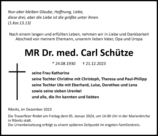 Traueranzeige von Carl Schütze von Ostsee-Zeitung GmbH