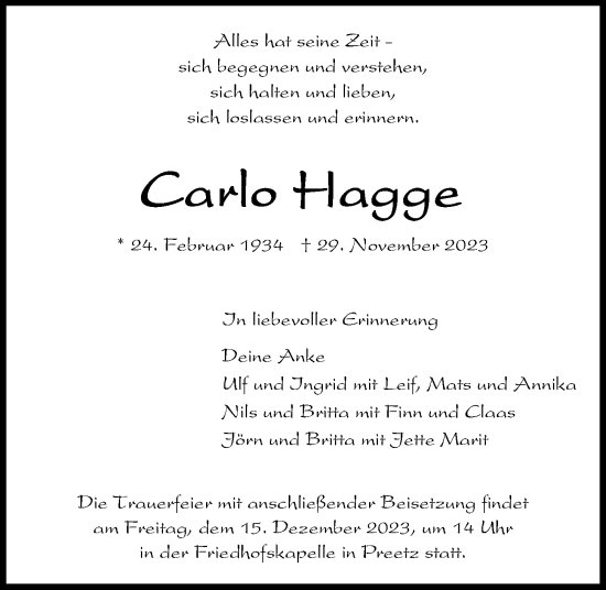 Traueranzeige von Carlo Hagge von Kieler Nachrichten