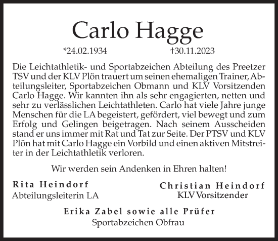 Traueranzeige von Carlo Hagge von Kieler Nachrichten