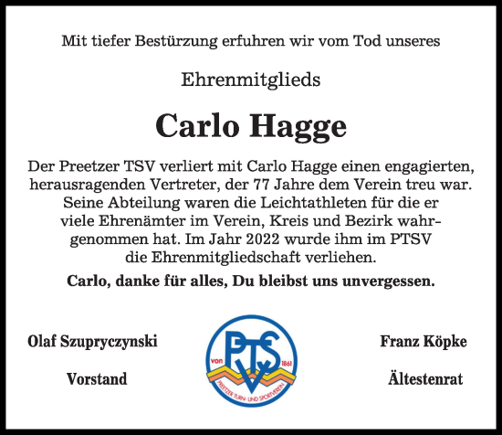 Traueranzeige von Carlo Hagge von Kieler Nachrichten