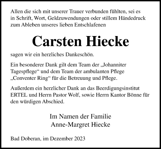 Traueranzeige von Carsten Hiecke von Ostsee-Zeitung GmbH